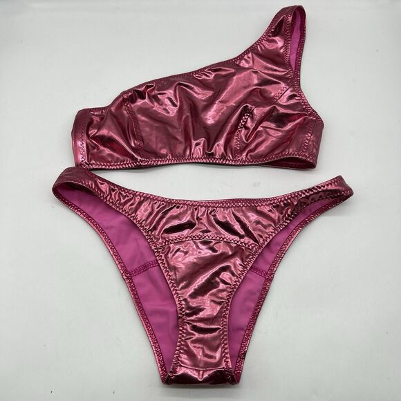 LISA MARIE FERNANDEZ Arden Metallic PVC 2 pc Bikini Set Pink Women's Size 0 XS - Picture 2 of 10